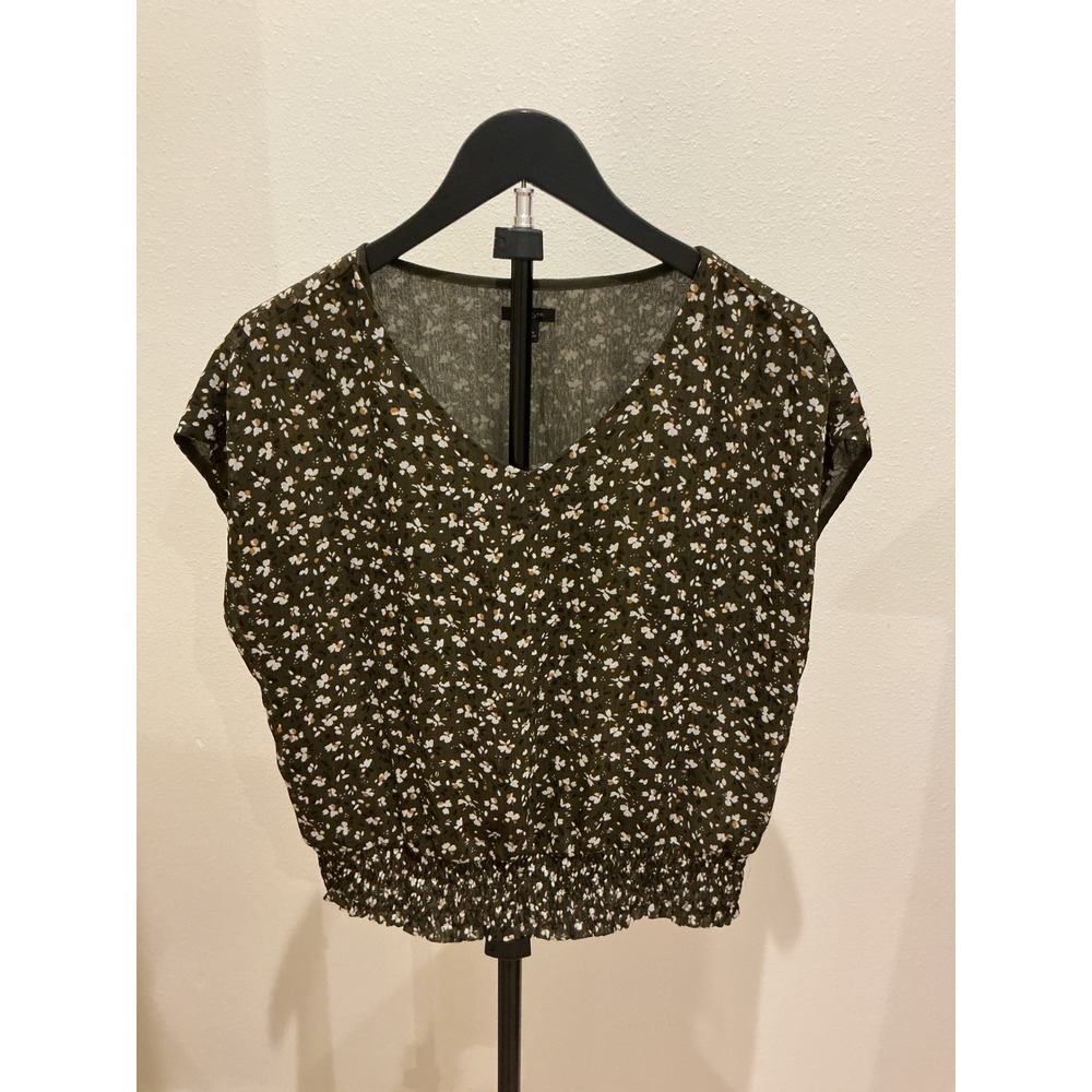 Ann Taylor Factory Olive Green Floral Smocked Hem V-Neck Blouse XS